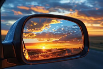 Breathtaking Sunset Over Fields Reflected in Car Side Mirror