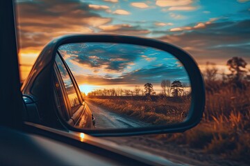 Scenic countryside view of bright setting sun in side mirror while driving