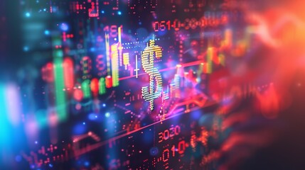 Obraz premium A vibrant and colorful digital screen showcasing various financial data points, charts, and symbols, representative of stock market fluctuations and trading activity.