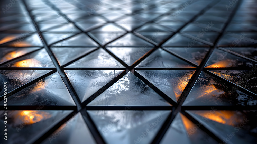 Poster suspended 3d geometric black block shapes against a sleek polished semigloss tile wall surface with 
