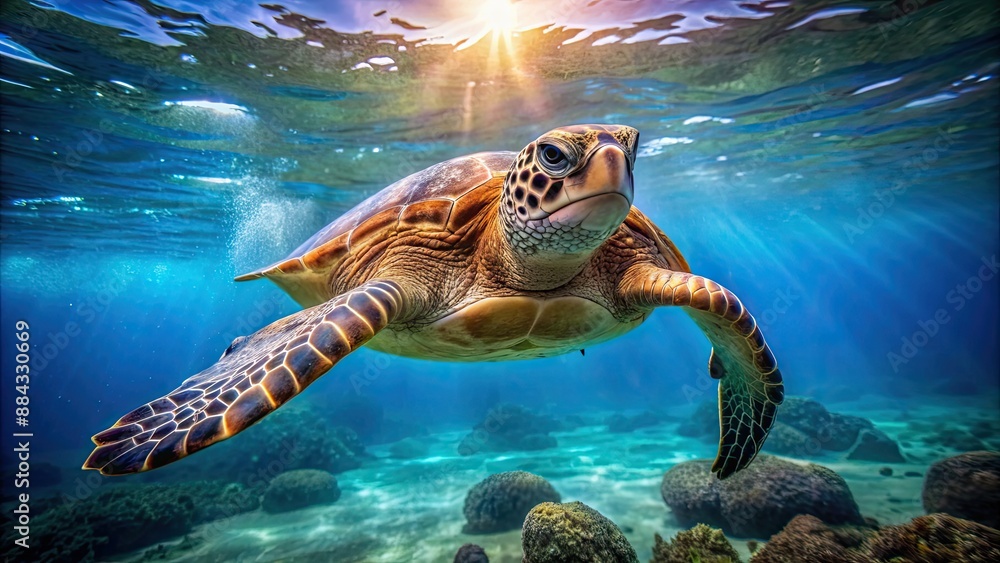 Poster A close-up shot of a beautiful sea turtle swimming gracefully in the ocean, sea turtle, underwater, marine life, aquatic