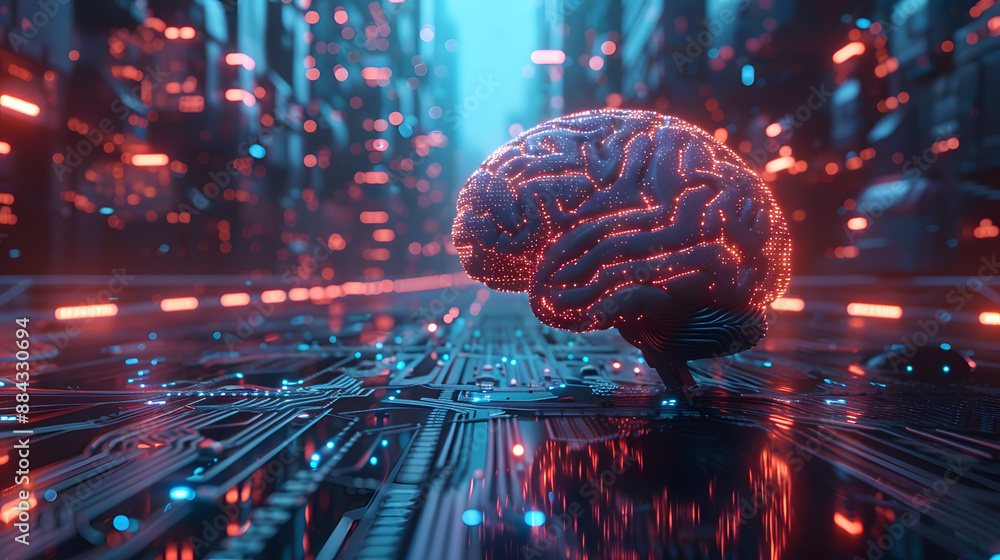 Poster ai brain glows with pink energy and power, and a futuristic artificial intelligence processor radiat