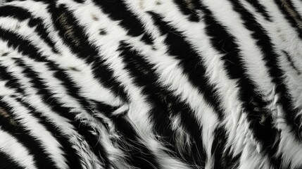 Detailed view of a black and white striped animal fur pattern, highlighting varying fur lengths and the intricate design of natural animal textures.