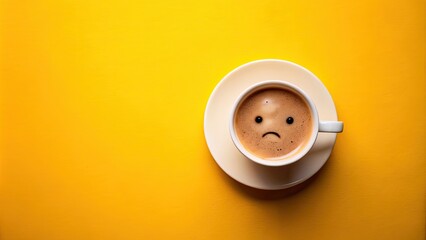 Closeup of a coffee cup with a sad face drawn on the coffee, top view angle on a yellow background, coffee, cup, sad, face