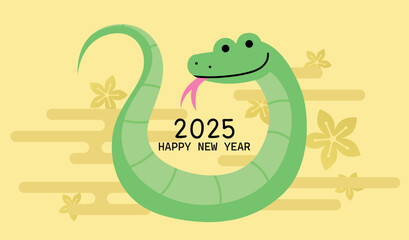 Happy lunar new year 2025 greeting card. Funny cartoon zodiac snake with auspicious clouds background.