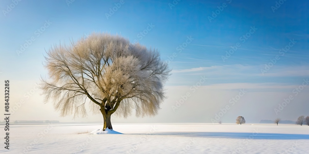 Poster Bare old willow tree standing tall in a snowy landscape, winter, cold, frozen, nature, lonely, solitude, stark, serene, branches