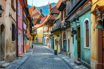 Obraz premium Charming Historic Town Street with Colorful Houses and Cobblestone Path in Scenic Valley