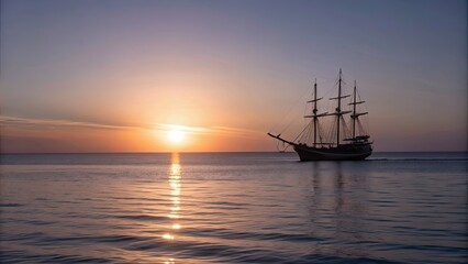 Fototapeta premium Sailing ship on the horizon with the sun setting in the background, sunset, ship, sailing, boat, ocean, sea, sky, clouds