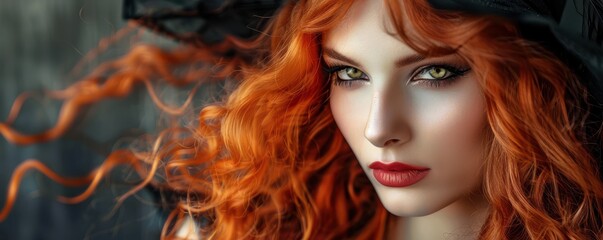 Naklejka premium Stunning red-haired woman in witch costume, intense gaze, perfect for Halloween.