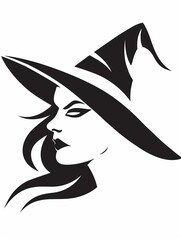 Minimalist Witch Portrait in Black and White Flat Design for Halloween Vibes