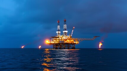 Night scene of an oil rig illuminated by work lights