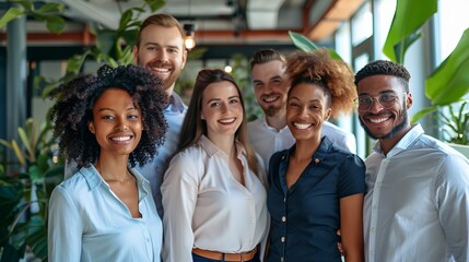 A cheerful group of six diverse team members stands together in a bright, modern office space with plants, demonstrating unity, diversity, and a positive work environment.