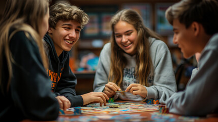 Fototapeta premium A telephoto angle photo of first-year students playing board games or cards in a common room, building connections through fun, with copy space