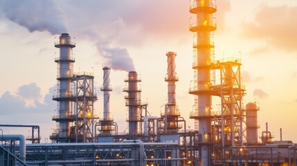 Obraz premium An oil refinery at dawn, with massive steel structures and chimneys releasing steam, illuminated by soft golden light, emphasizing the complexity of hydrocarbon processing