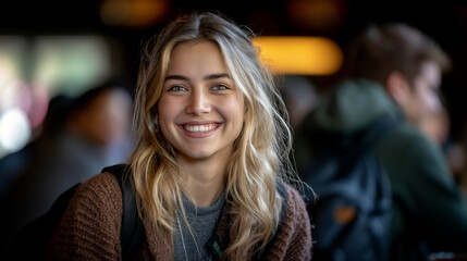 A telephoto angle photo of first-year students attending a casual meetup event, mingling and making new friends, with copy space