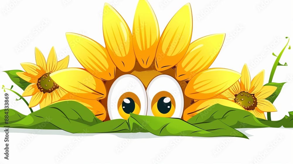 Sticker A cheerful and playful cartoon sunflower with expressive eyes peeking out from behind leaves, evoking feelings of joy, childlike wonder, and playfulness in a whimsical style.