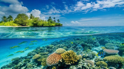 Naklejka premium paradise atolls with azure water and coral reefs, the beautiful nature of the tropical islands