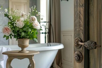 Ornate door handle and bathtub with flowers