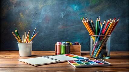 desk cluttered with pencils and paints, bringing characters to life , artist, children's book,desk, clutter, pencils