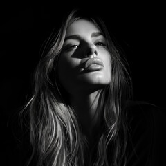 Schwarz-Weiß-Porträt einer Frau mit dramatischem Lichteinfall