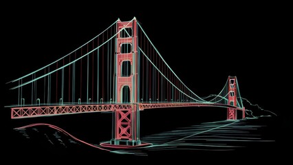 Obraz premium Neon Night: A Vibrant Artistic Rendition of the Golden Gate Bridge Illuminated in Bright Colors Against a Dark Background
