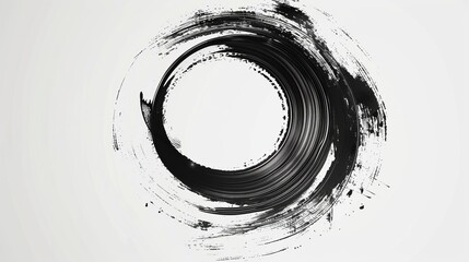 A bold black circular brushstroke accompanied by expressive paint splatters on a white background, evoking a sense of artistic spontaneity and energetic movement.