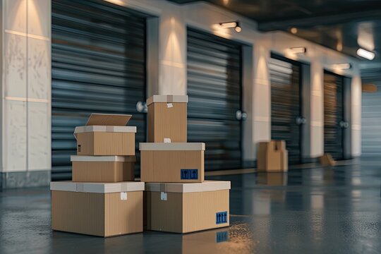 Storage unit with neatly stacked cardboard boxes