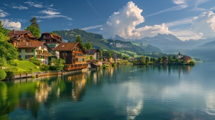 A serene image of a lakeside village featuring charming houses, a calm lake reflecting the surrounding mountain landscape, and vibrant green hills under a clear sky.