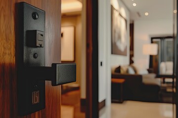 Modern door handle with a blurred hotel room interior in the background
