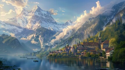 Fototapeta premium A picturesque village nestled by a serene lake, surrounded by lush greenery and majestic, snow-capped mountains under a clear sky in the early morning light.