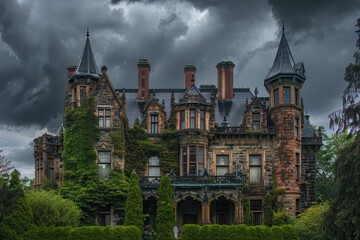 Obraz premium Gothic mansion with turrets and ivy walls looming under stormy skys gloomy aura