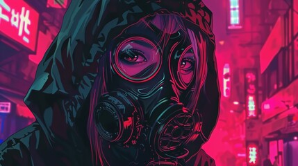 Obraz premium A cloaked figure stands in a dark neon-lit cityscape, evoking a sense of mystery, intrigue, and the hidden underbelly of urban life with vibrant signs around.