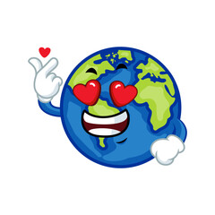 Cute cartoon Earth showing love with Korean heart symbol, promoting love and care for the planet.