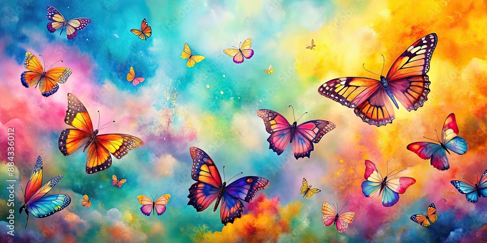 Sticker Beautiful watercolour butterflies fluttering in a vibrant background , watercolour, butterflies, colorful, vibrant, art