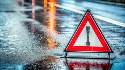 Red caution sign warning of accident on wet asphalt road , traffic, warning, caution, sign, accident, road, wet, asphalt