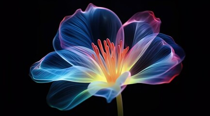 An x-ray of an exotic flower glowing in the dark, with neon light and beautiful iridescent colors