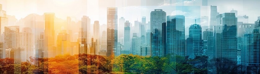 Nature and city harmony in one scene close up, focus on, copy space with vivid tones, double exposure silhouette with parks and high-rises