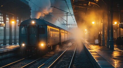Obraz premium A vintage train exudes steam at a platform during the nighttime, casting a nostalgic aura with its glowing lights, mysterious ambiance, and historic rail elements.