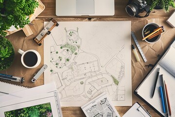 Workspace of an urban planner showcasing a detailed city map with greenery