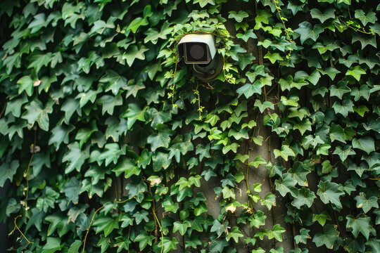 Security camera camouflaged by ivy for enhanced surveillance - Powered by Adobe