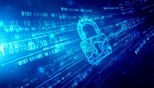 Closed Padlock on digital screen with Flowing binary codes, Cyber Security and safety information, personal data concept. cyber security background, Digital Padlocks on abstract technology background.