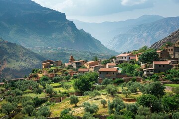 Traditional Village in Kabylie Region Surrounded by Mountains and Olive Groves