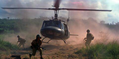 helicopter landing in Vietnam, vintage war photography