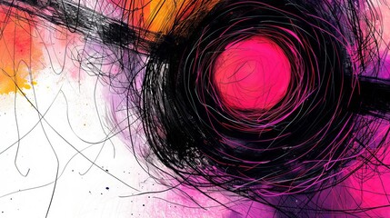 This artwork reveals a vibrant abstract swirl with a dominant pink core and surrounding orange hues, creating an eye-catching and dynamic composition with energetic lines.