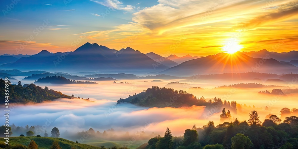 Wall mural Sunrise over a peaceful valley with soft colors and misty mountains in the background, sunrise, morning, valley, nature