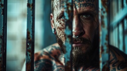 A moody image of a man with tattoos seen through prison bars, with a shallow focus creating a sense of seclusion and intensity. Blurred face to maintain anonymity.