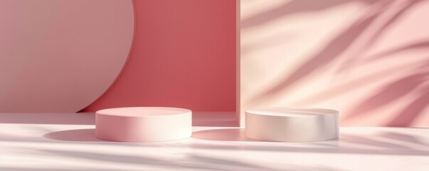 Minimalist background with pastel colors showcasing pink and white podiums in sunlight