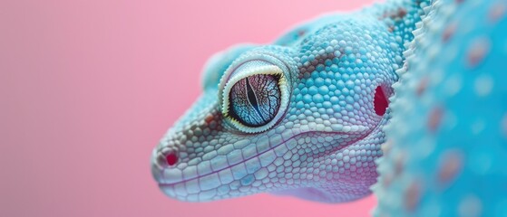Fototapeta premium Close-up of a vibrant blue gecko against a pink background, highlighting its textured skin and intricate eye details.