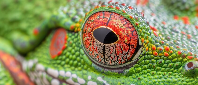 Close-up of a vibrant chameleon eye showcasing intricate details and vivid colors. Perfect for nature, wildlife, and exotic animal themes.