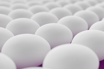 Many white eggs on purple background. Closeup view, macro shot, selective focusclose up shot. 3d render, illustration